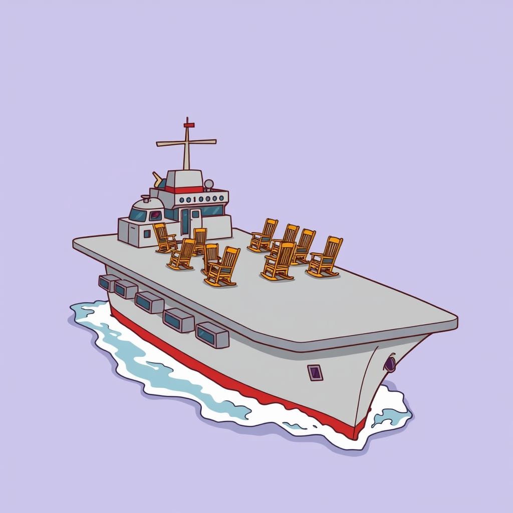 Cartoon Aircraft Carrier Topped with Rocking Chairs