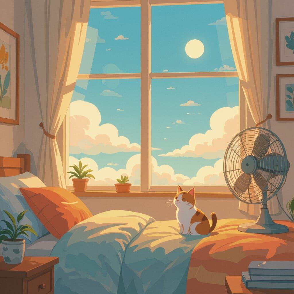 Ghibli-Style Cozy Room with Cat and Gentle Lighting