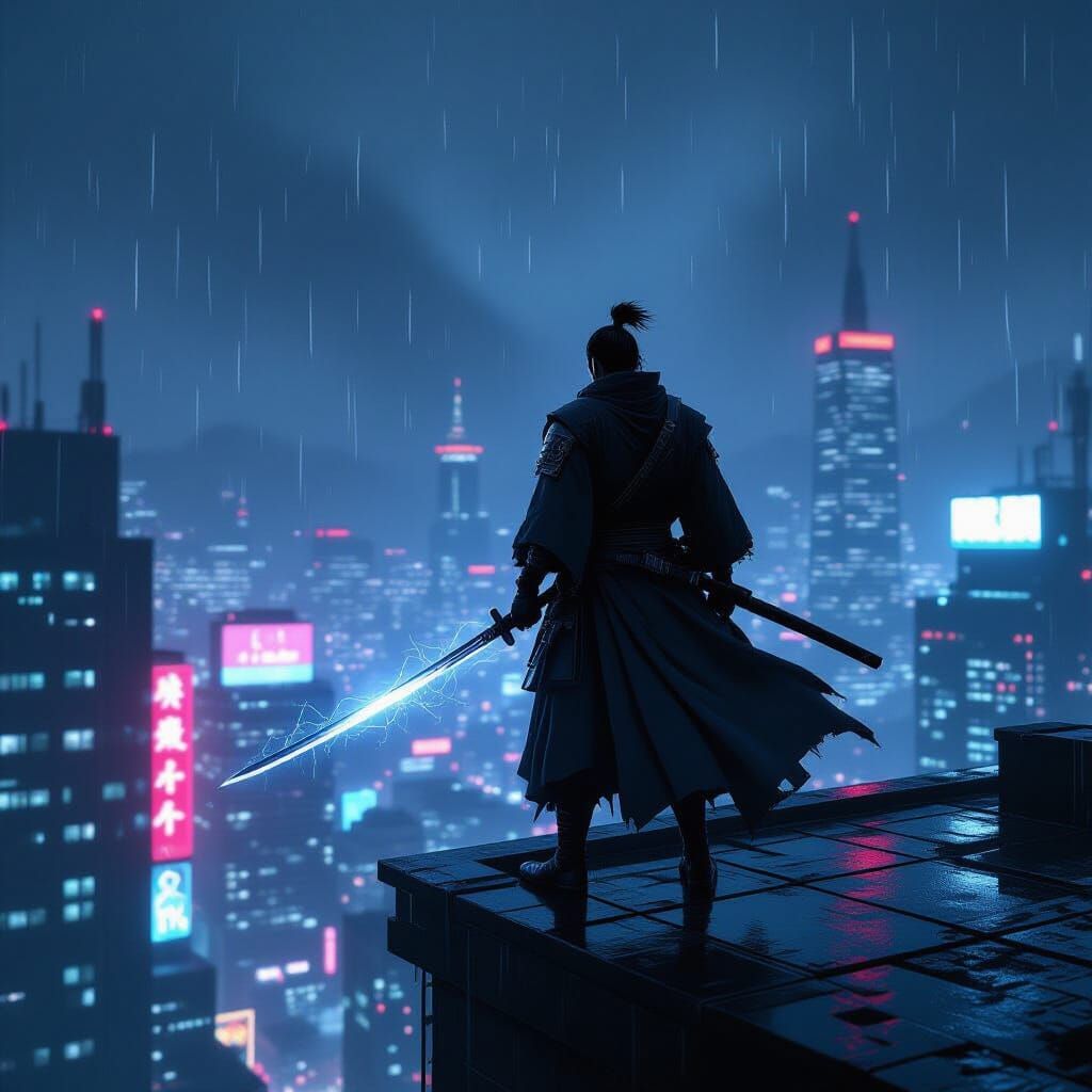 Samurai Warrior on Cyberpunk Rooftop in Neon City