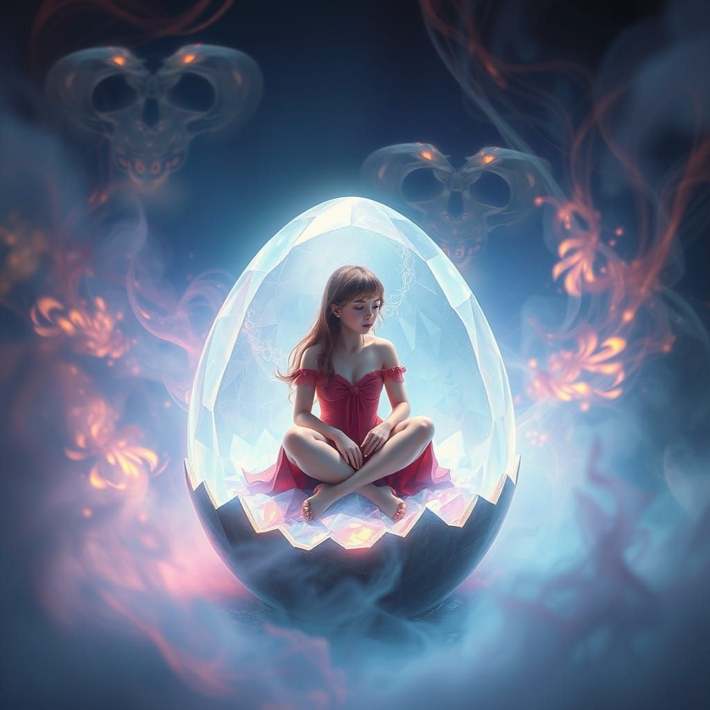 Girl in Glowing Crystal Egg Amidst Ethereal Mist