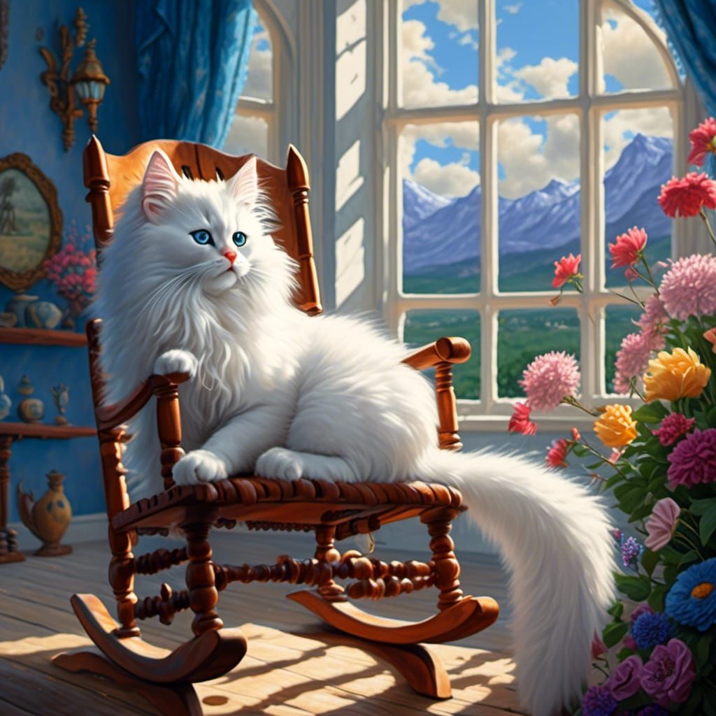 Fuzzy White Kitten in Blue Living Room: Digital Painting