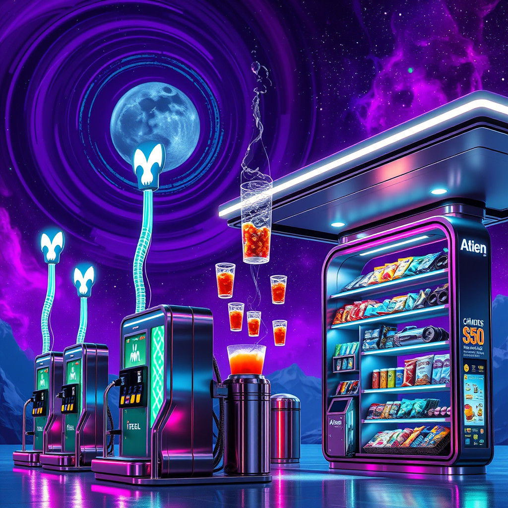 Futuristic Alien Fuel Stop with Neon Lights