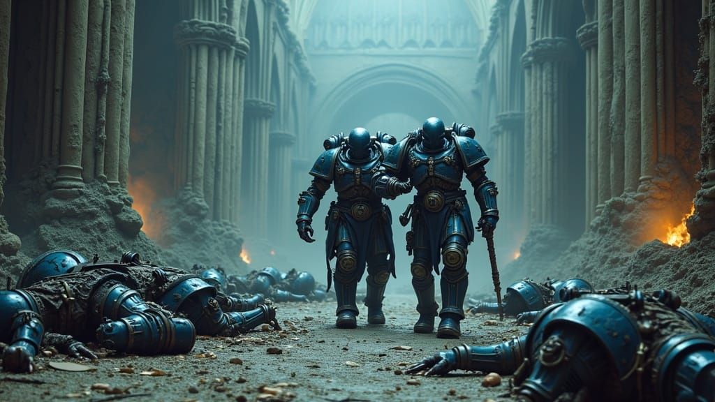 Wounded Ultramarines in Ruined Cathedral