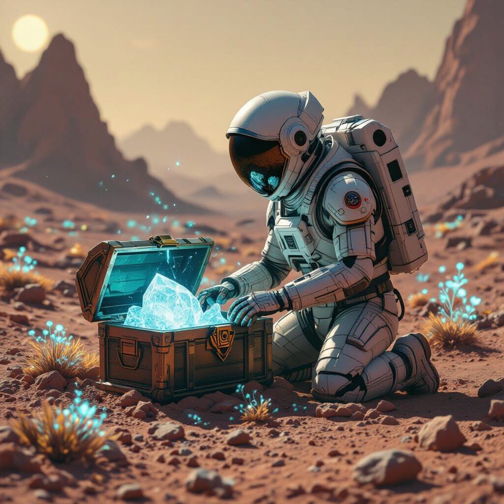 Astronaut Finds Alien Treasure in Surreal Landscape