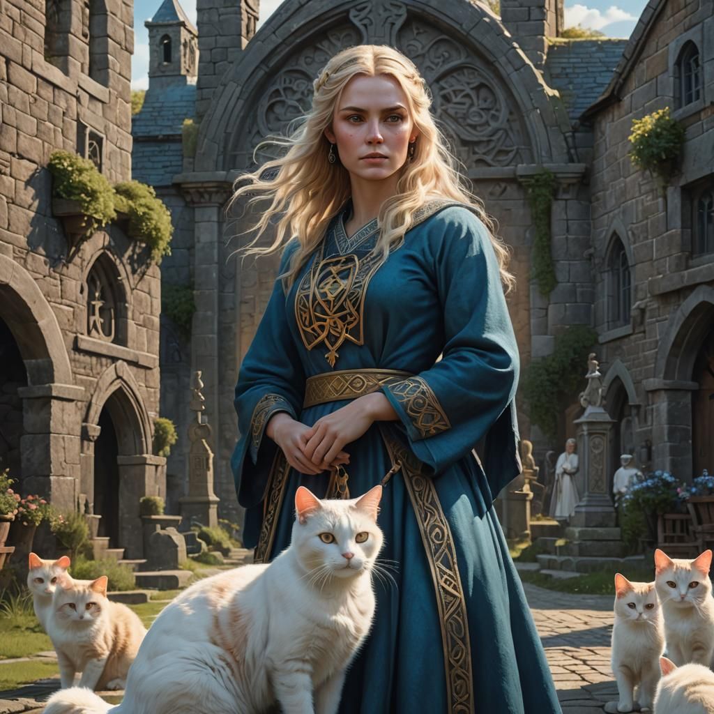 Celtic Village Girl with Cat: Digital Art