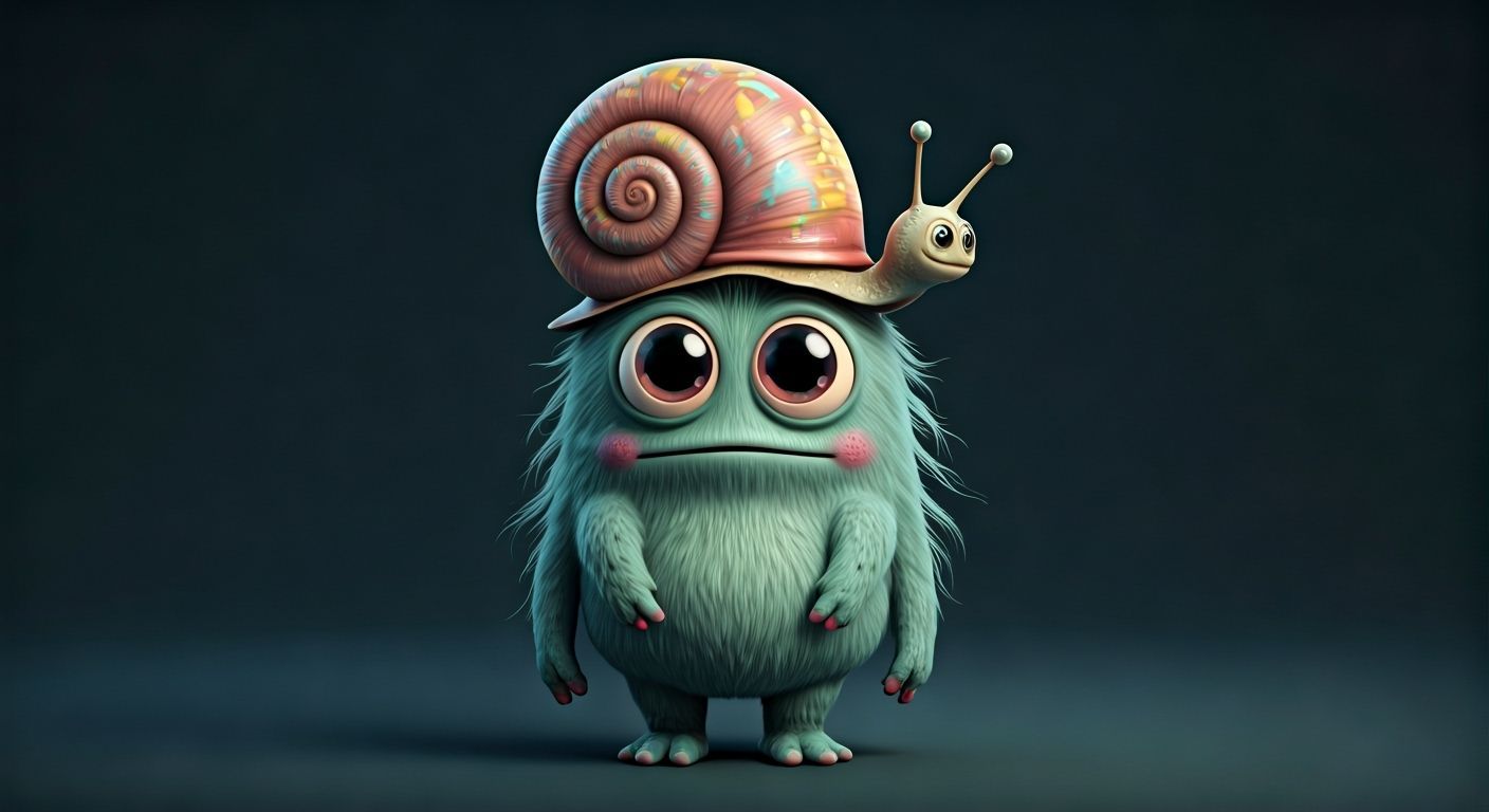 Adorable Cartoon Monster with Snail Shell Hat