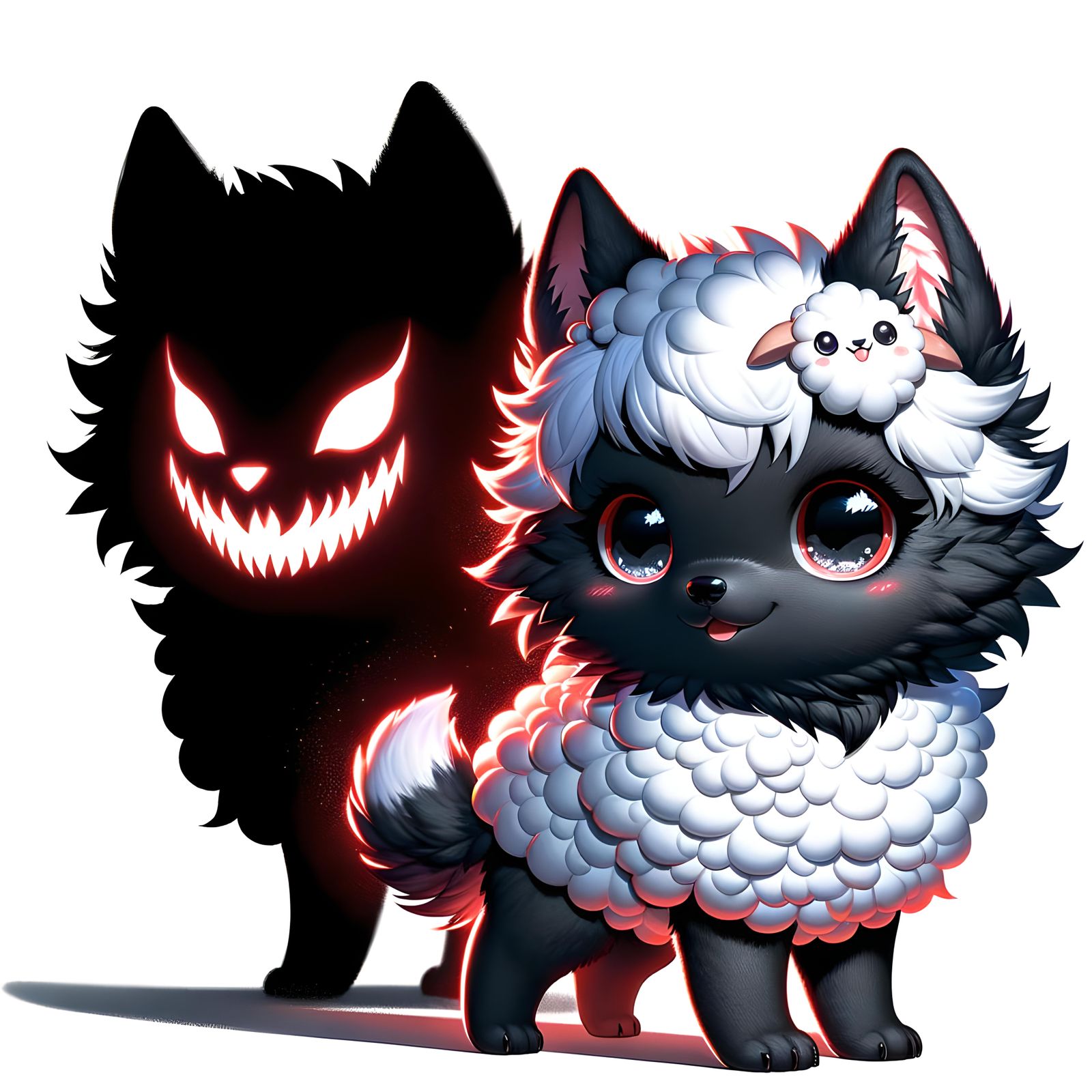 Chibi Black Wolf with Demon Shadow in Digital Art