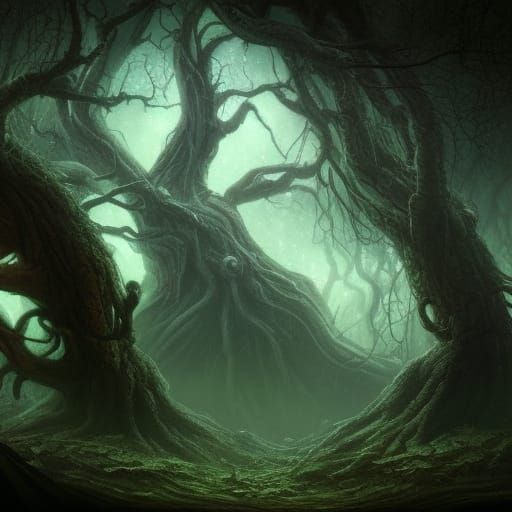 Monstrous Tree with Scary Face in Dark Forest