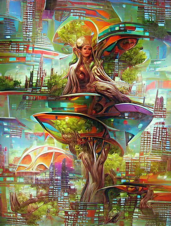 Psychedelic Biomechanical Starship in Cosmic Arboretum