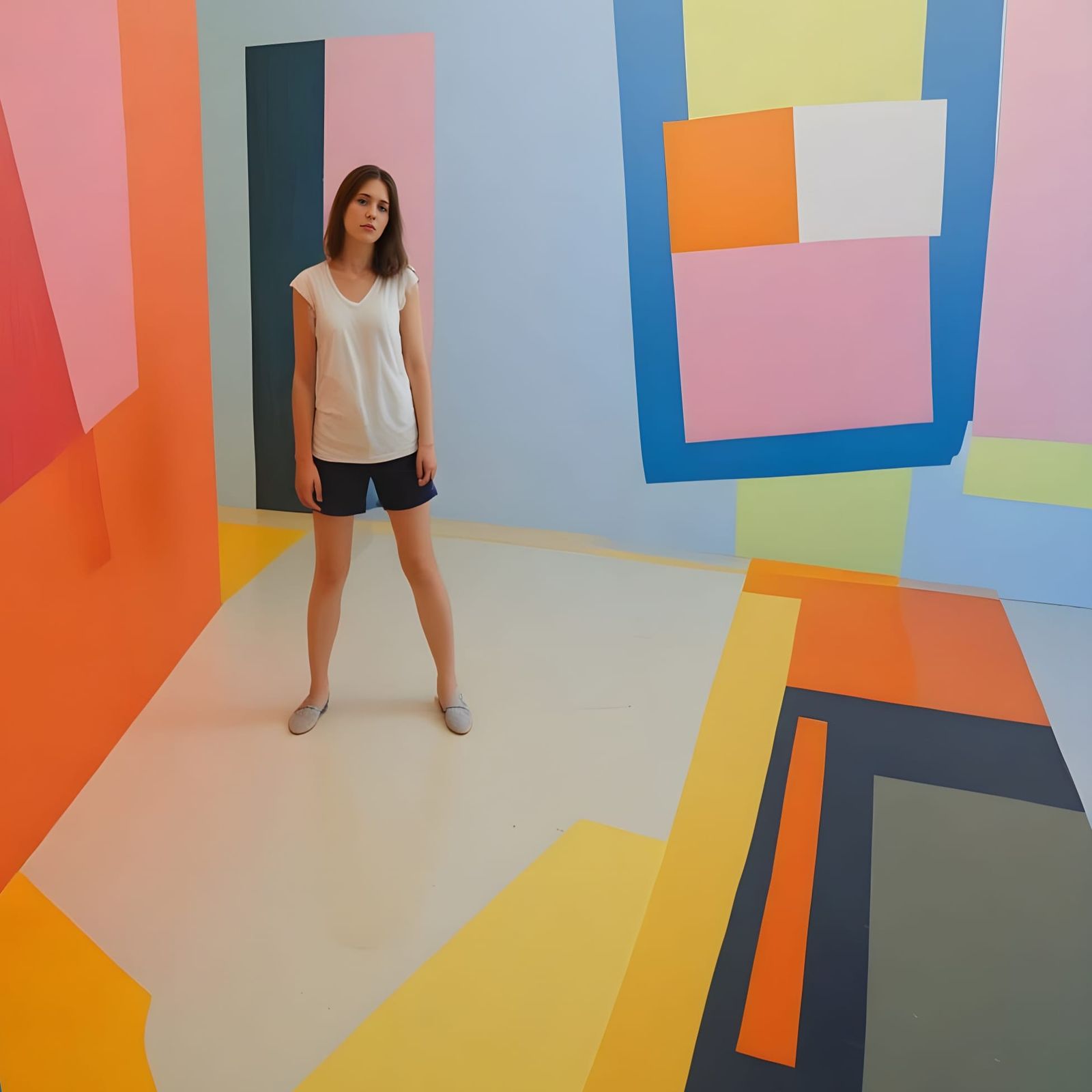 Museum Visitor Observes Abstract Art in Photo-Realism Style