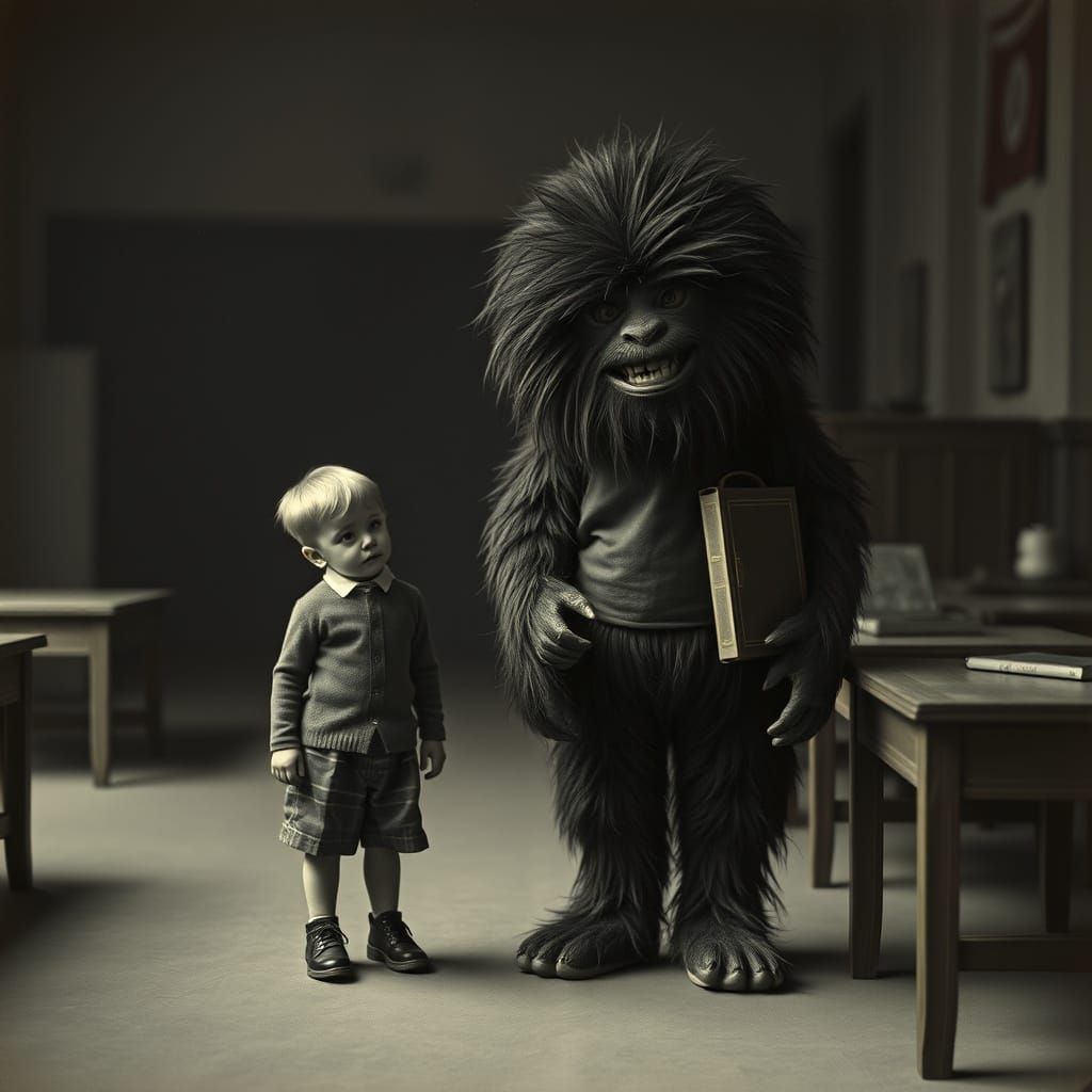 Boy and Furry Monster in 1900s Style Photograph