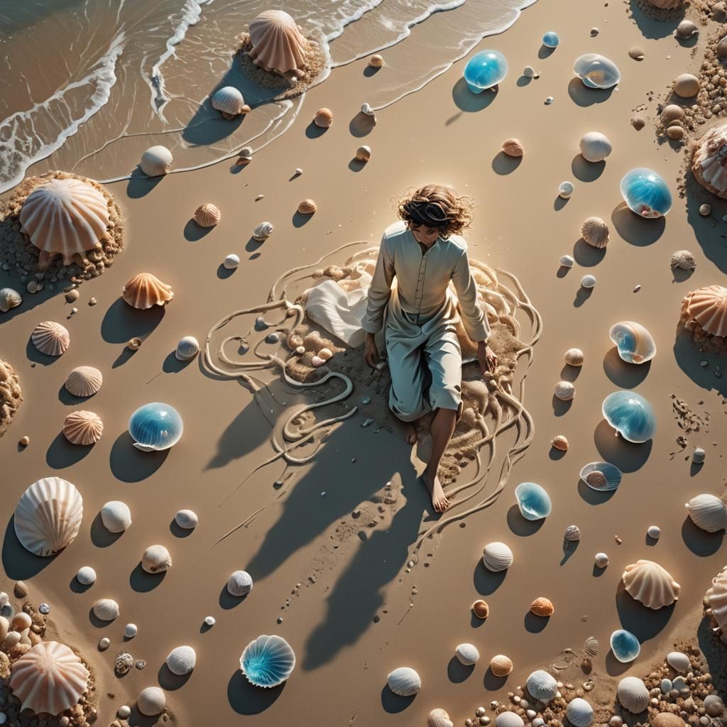 Ethereal Surrealism: Serene Figure Transforms into Beachy Bl...