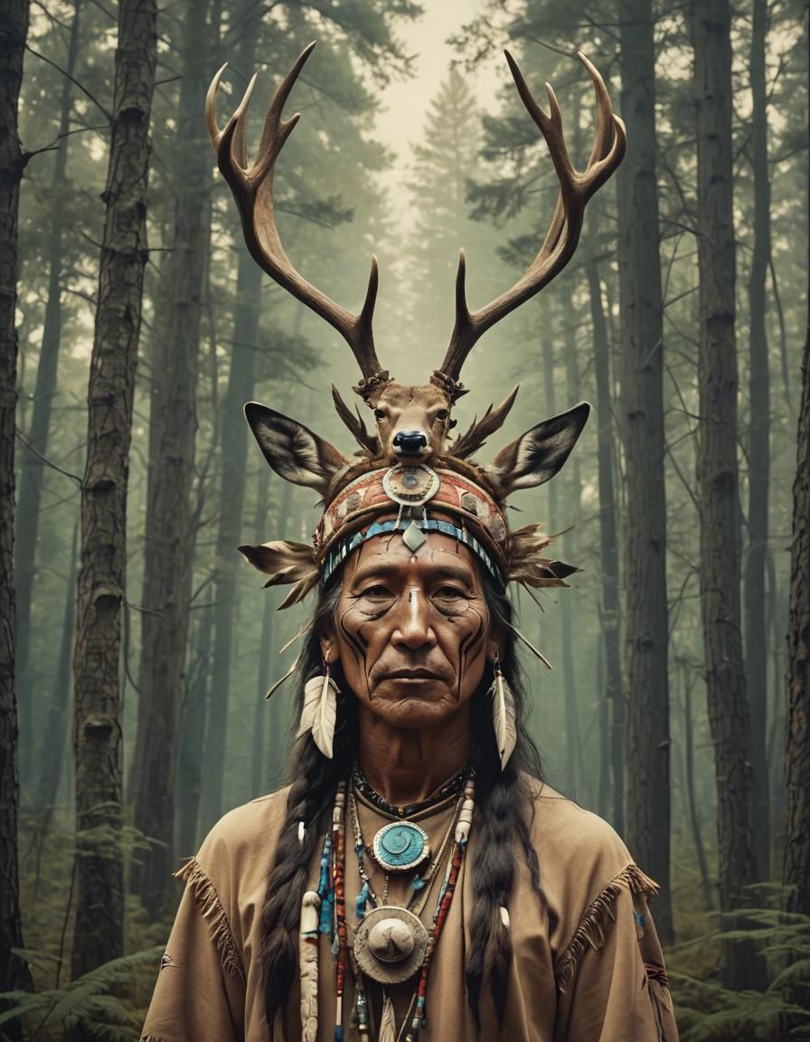 Deer headed Native American shaman