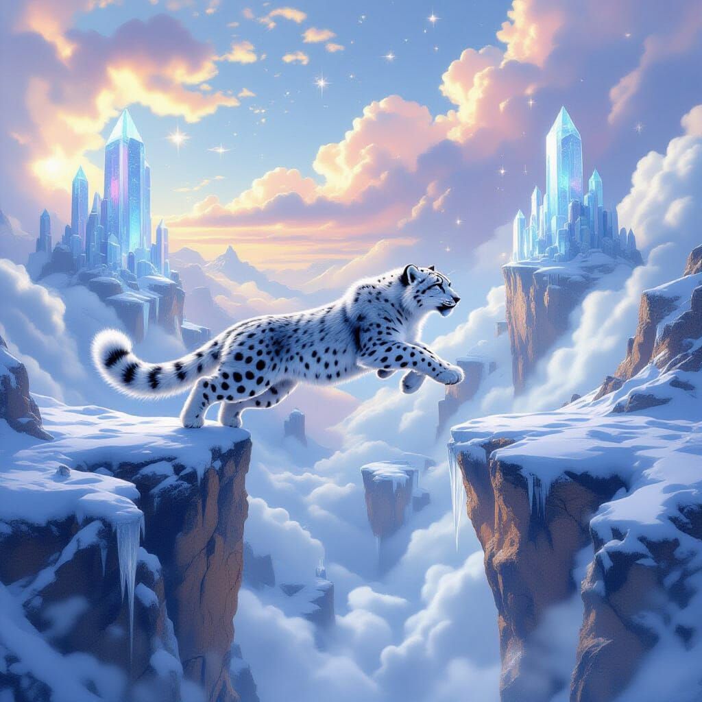 Snow Leopard Spirit Leaping Between Sky Islands
