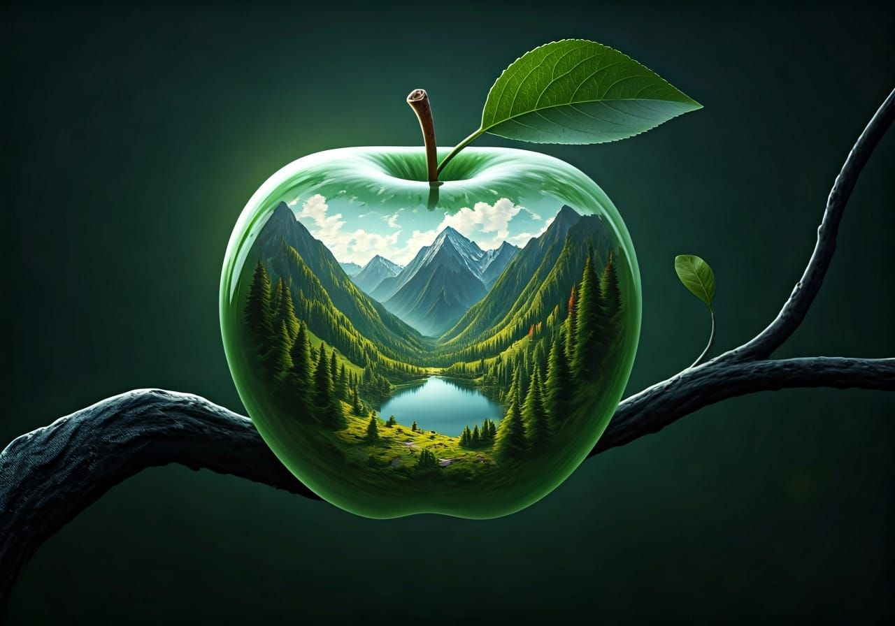 Mountains and Lake Inside Transparent Apple, 3D Render
