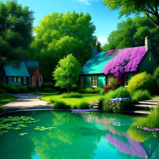 Emerald Pond and Turquoise Houses in Splash Art Style