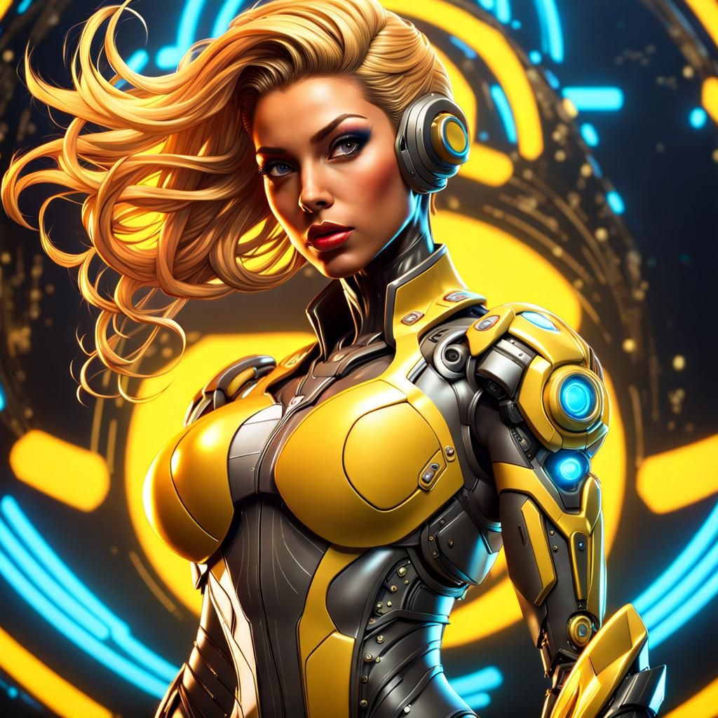 Anime-Style Yellow Cyborg Pin-Up in Neon Setting