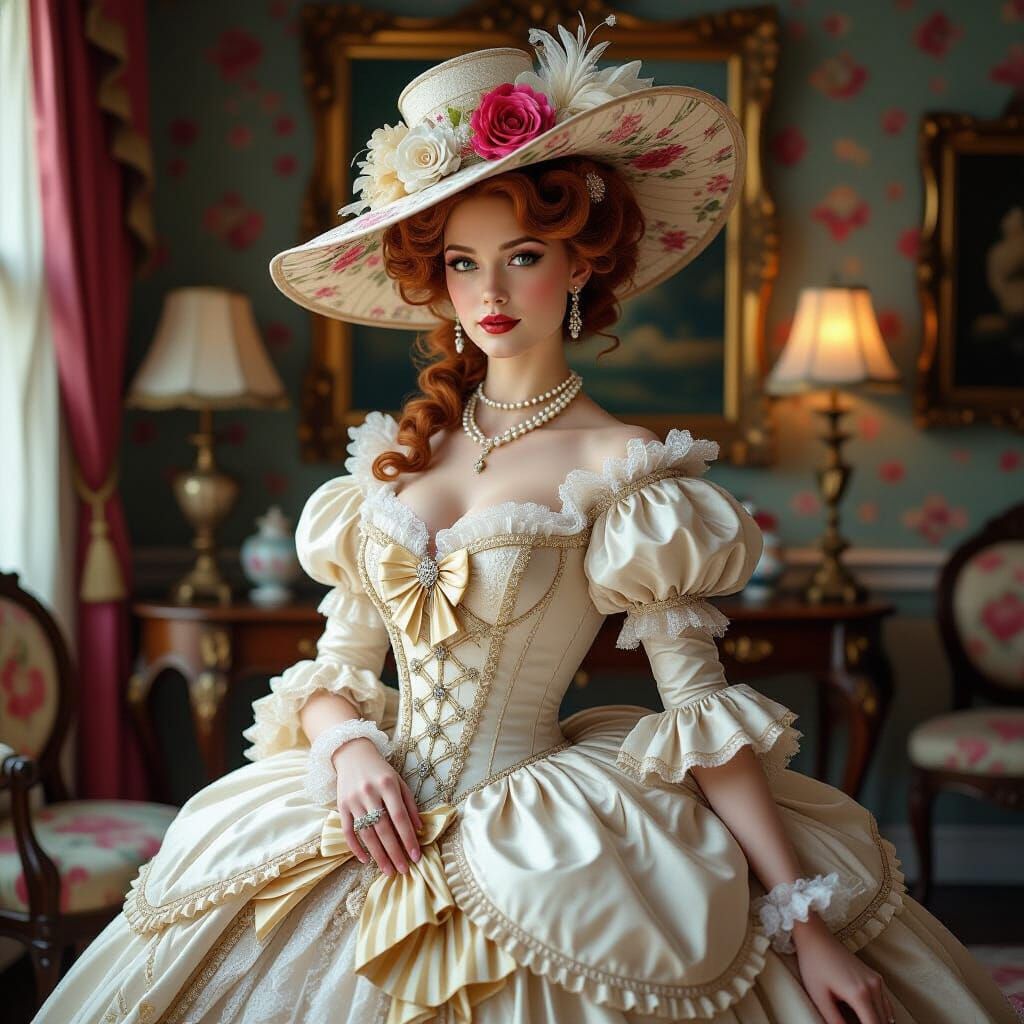 Victorian  beauty with fiery curls in a wide-brimmed floral ...