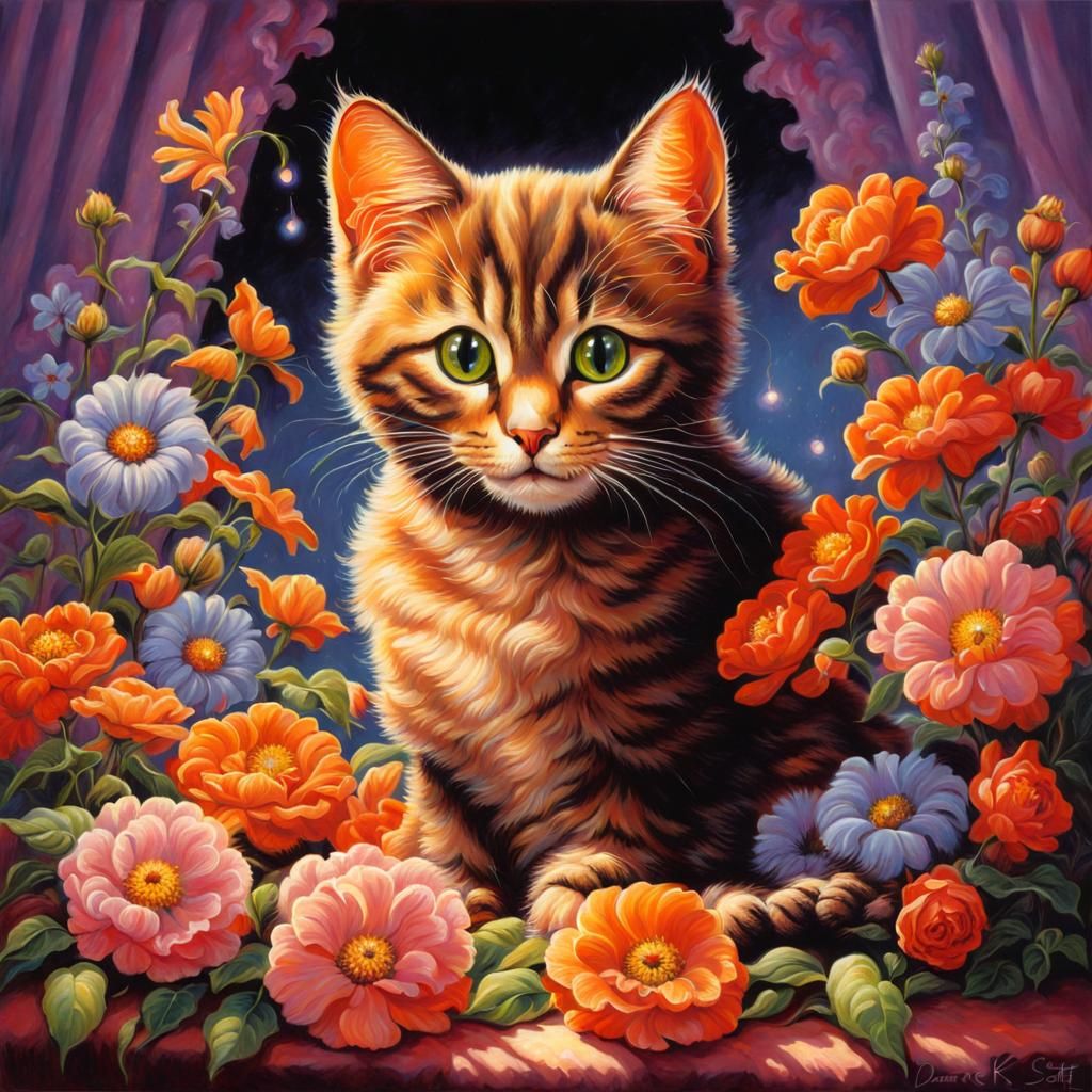 Cute Cat in Flowers, Fantasy Art Style