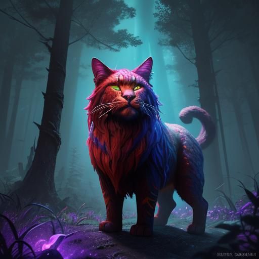 Red Gemstone Cat-Human in Enchanted Forest