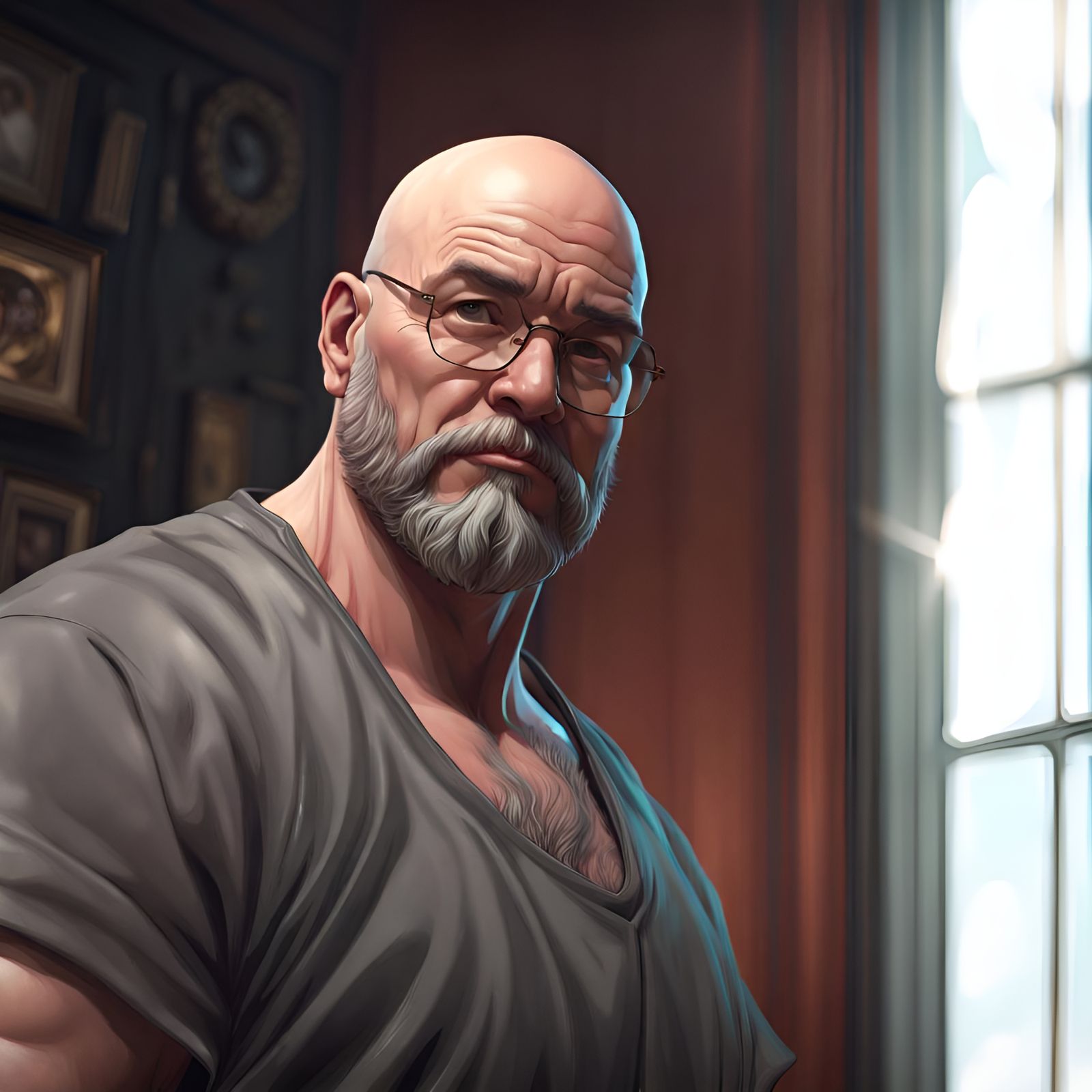 Fat Bald man gray goatee glasses head and shoulders portrait, 8k resolution concept art portrait by Greg Rutkowski, Artg...