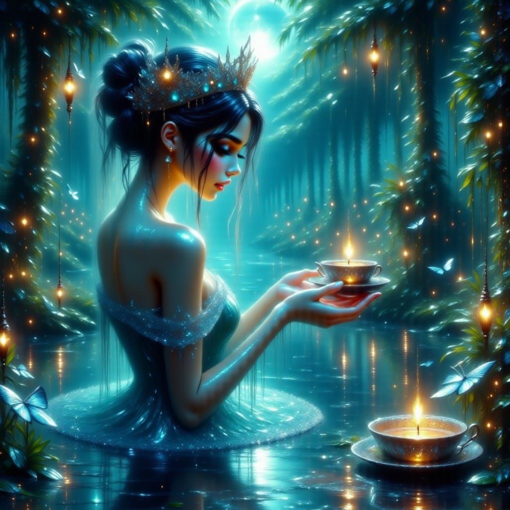 Clockwork Automaton Fishing in Bioluminescent Forest