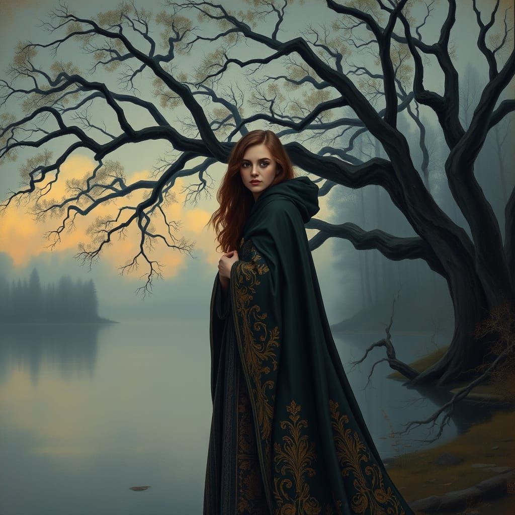 Serene Lake Scene in Moody Oil Painting Style