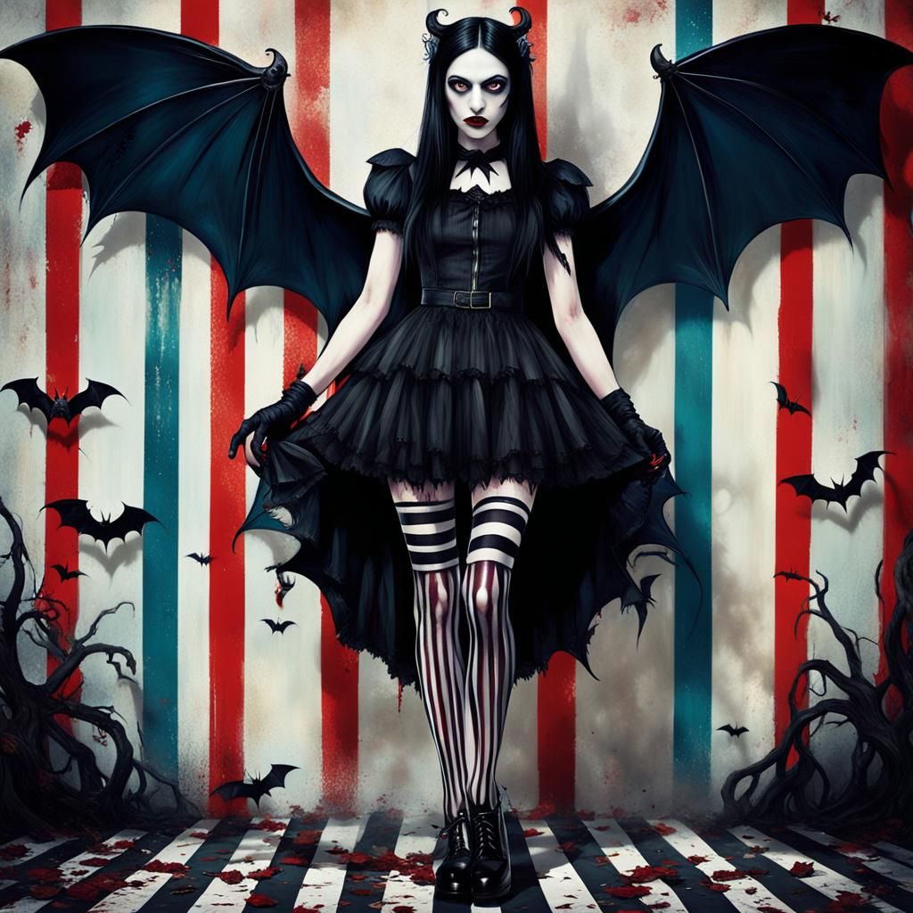Gothic Girl with Bat Wings in Surreal Style