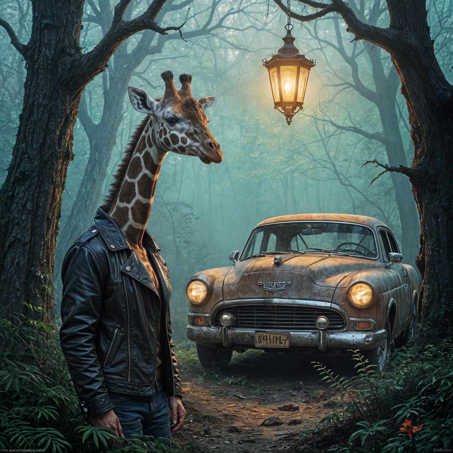 Giraffe-Creature in Dystopian Retro-Futurist Oil Painting