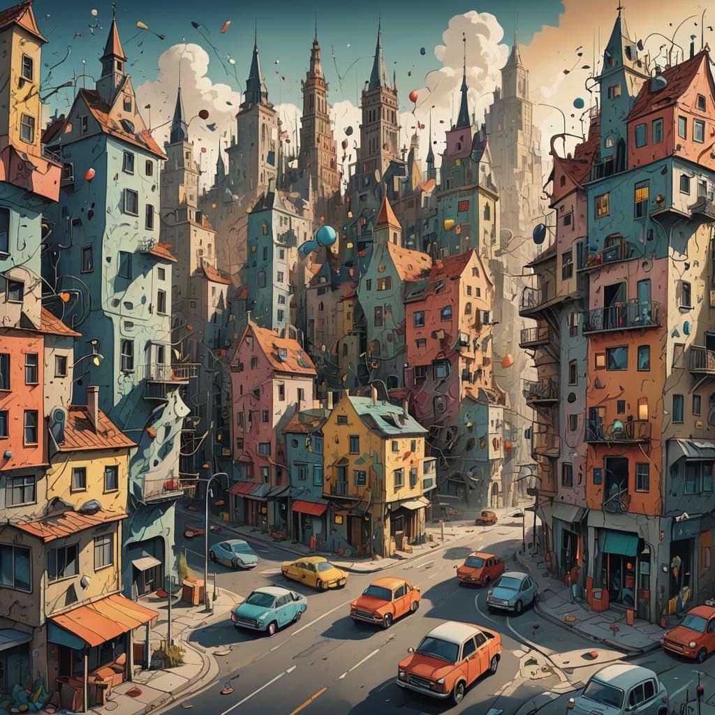 Vibrant Surrealist Metropolis in Expressive Brushstrokes
