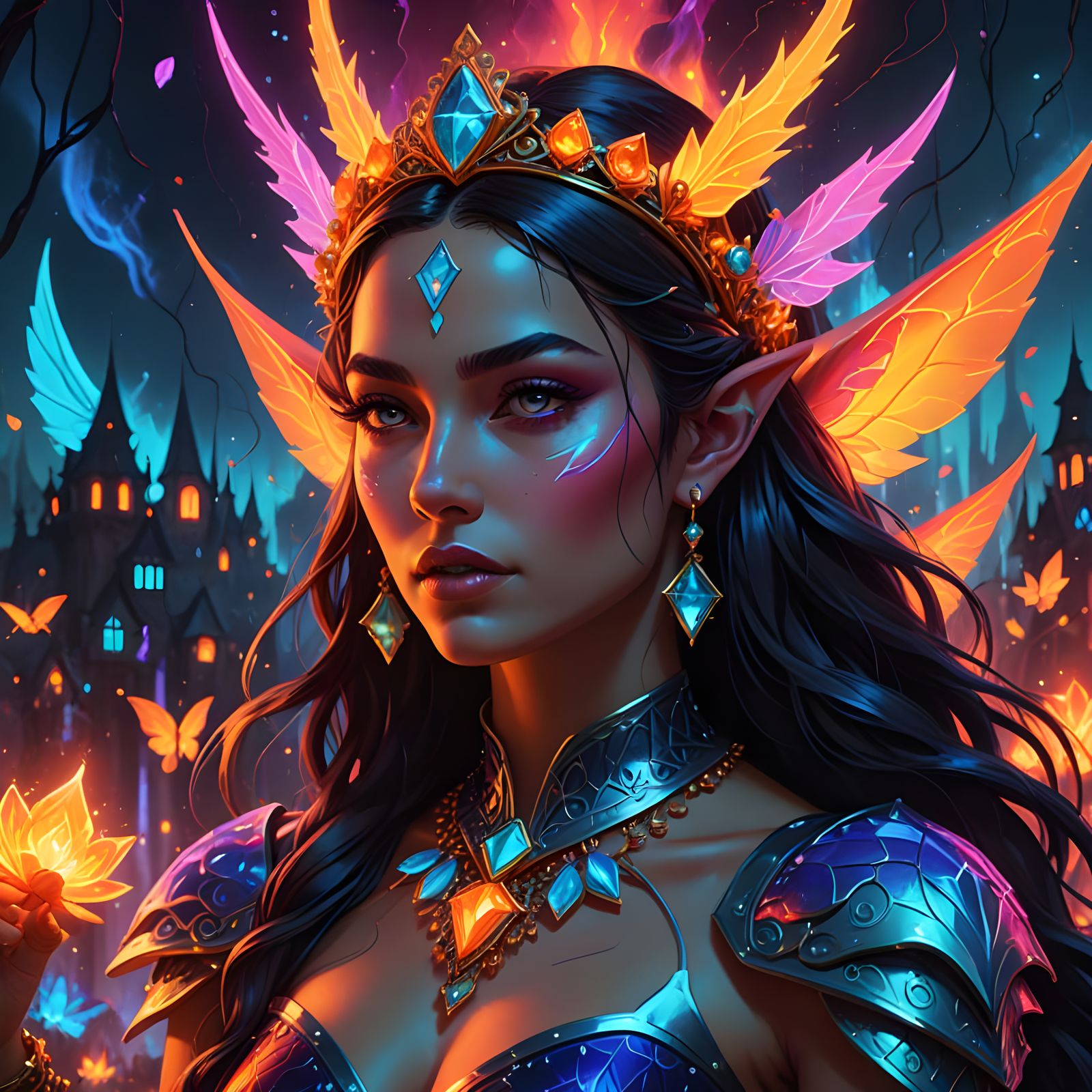 Ethereal Elphin Queen in Vibrant Neon Fantasy Realm
