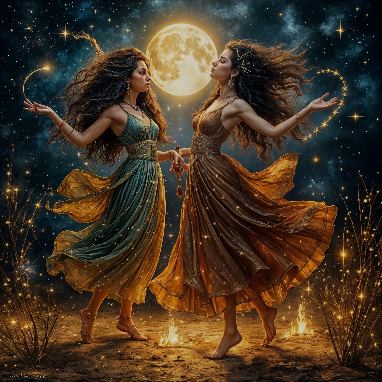 Gypsy Dance Under a Luminous Moon in Surreal Style