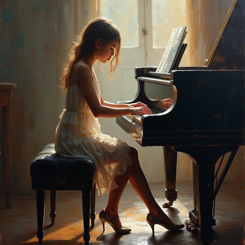Girl Playing Piano Reflections in Dramatic Light