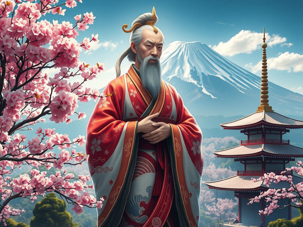 Japanese Deity Amidst Cherry Blossoms and Digital Patterns