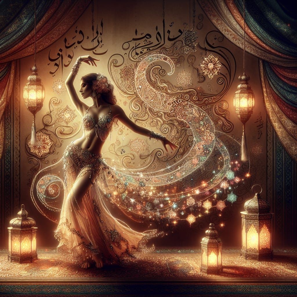 Bellydancer in Arabesque with Arabic Calligraphy