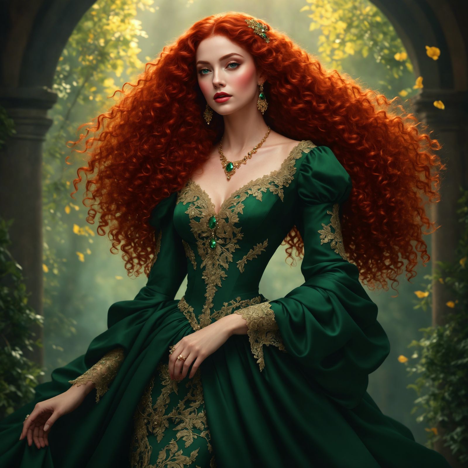 Elegant Victorian Woman with Red Curls and Gown