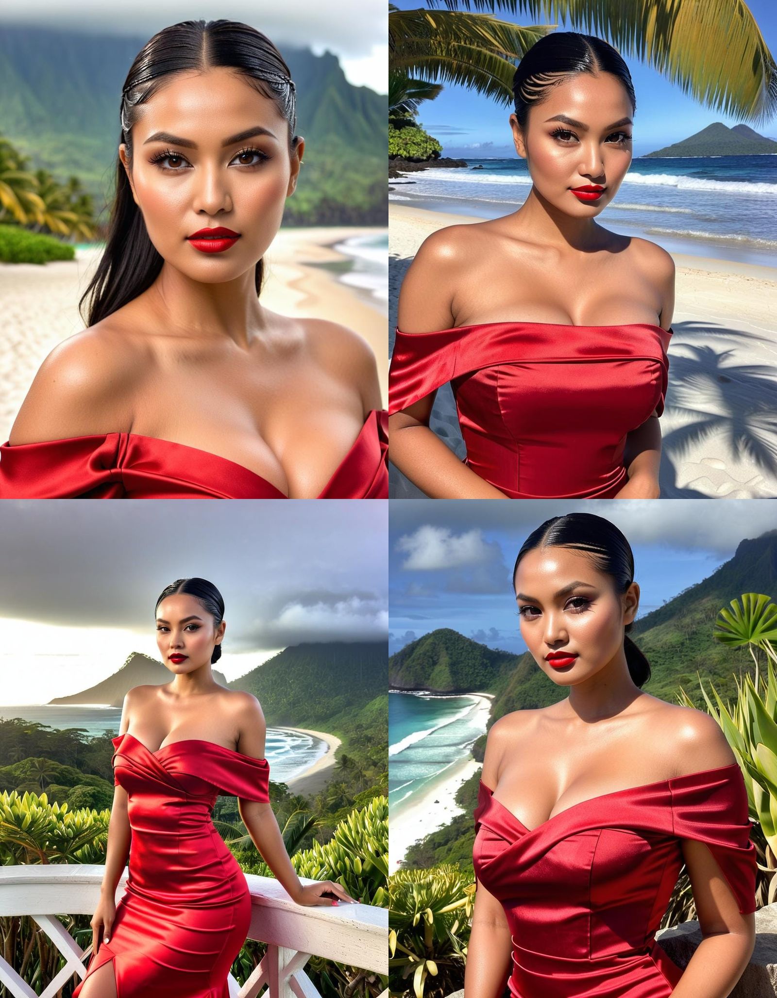 Tropical Beach Beauty in Red Satin Dress