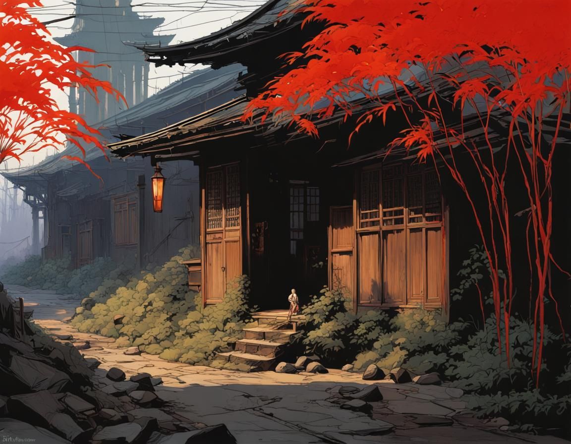 16k resolution, Goyo Hashiguchi, Takabatake Kasho, Syd Mead, haunting Taisho-era, picturesque distress, dark wall stains...