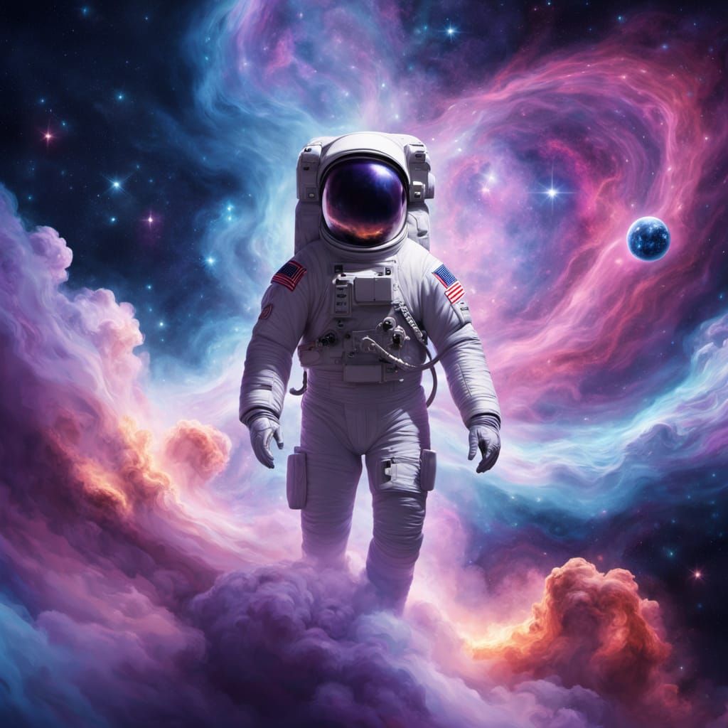 Astronaut in Ethereal Nebula Reaches for Cosmic Unity