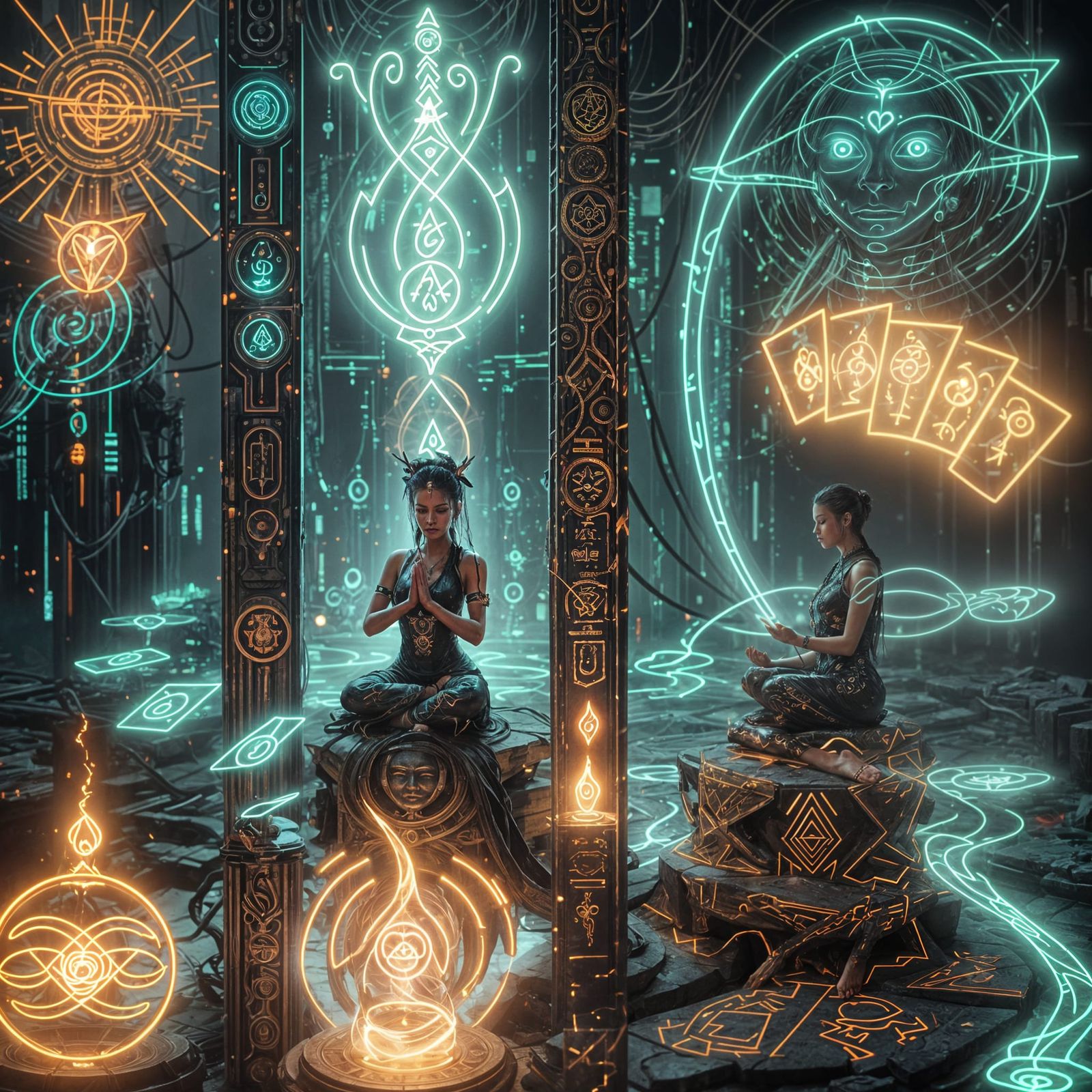 Cyberpunk High Priestess Meditating Among Glowing Symbols