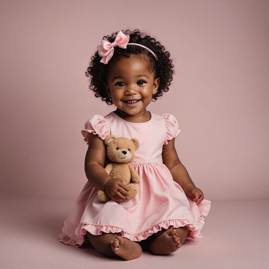 Cute Black Baby with Teddy Bear in Pink Dress