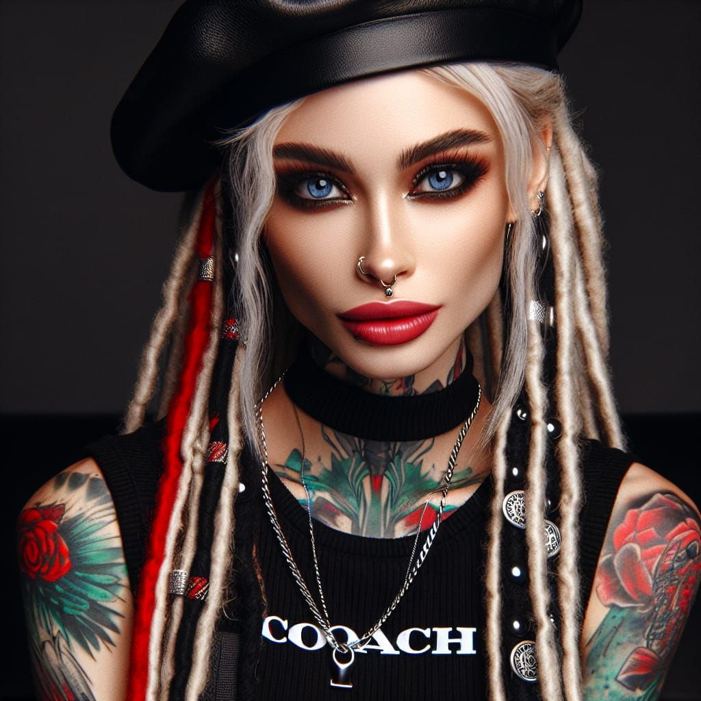 Stunning Woman with Dreads, Beret, and Tattoos
