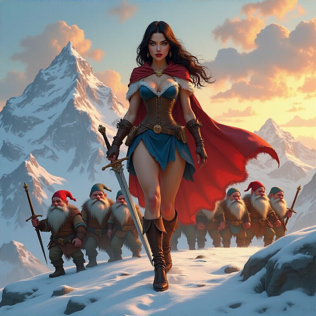 Warrior Snow White Leads Dwarfs on Snowy Peak