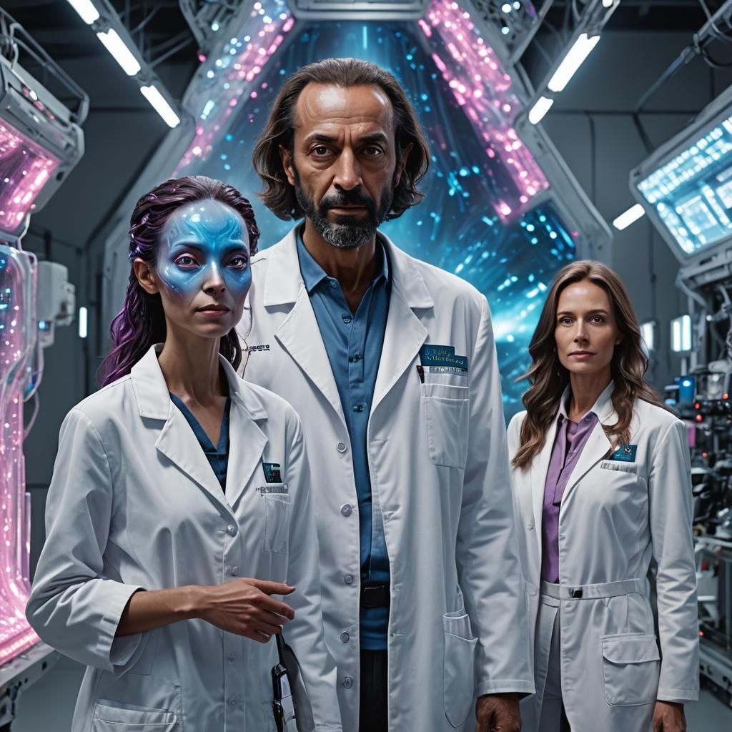 Alien Woman in Lab, Hyperrealistic Splash Art