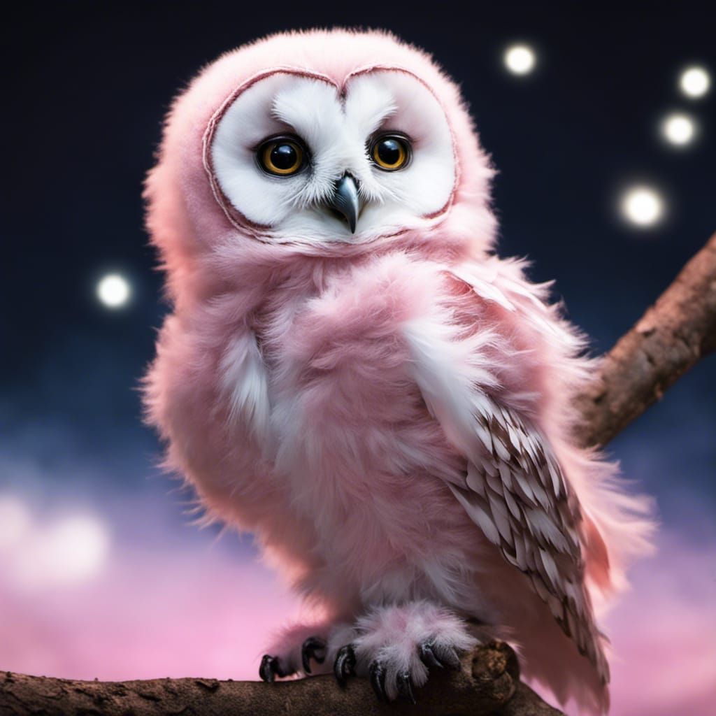 Pink and White Baby Owl in Moonlight