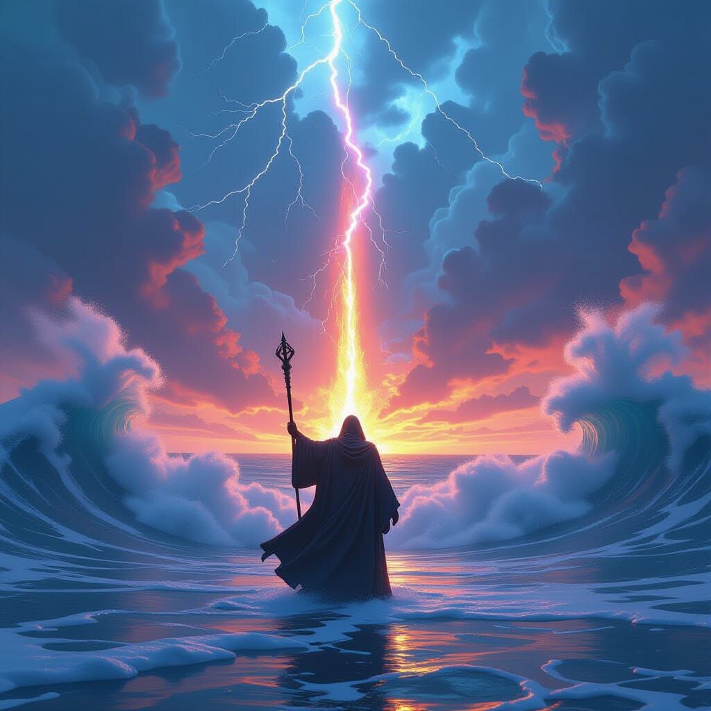 Monumental Waves Parting Under a Chromatic Sky