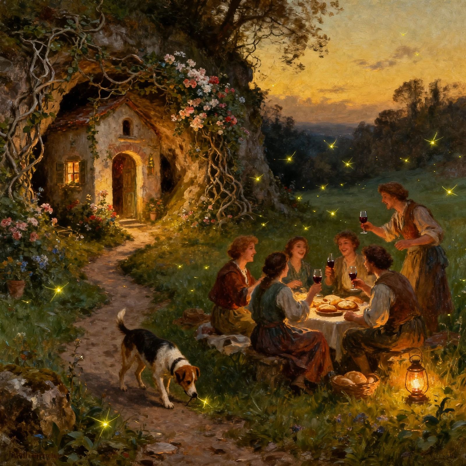 Enchanting Italian House at Dusk with Fireflies