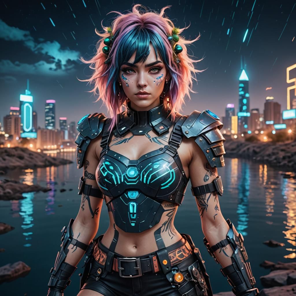 Cyberpunk Warrior Woman near Dimension Portal