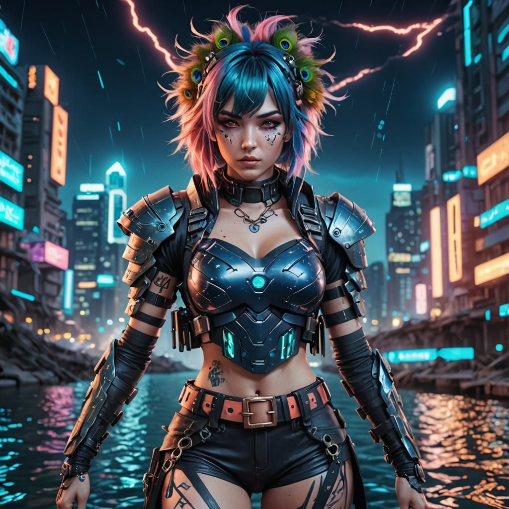 Cyberpunk Warrior with Neon Hologram Fishes