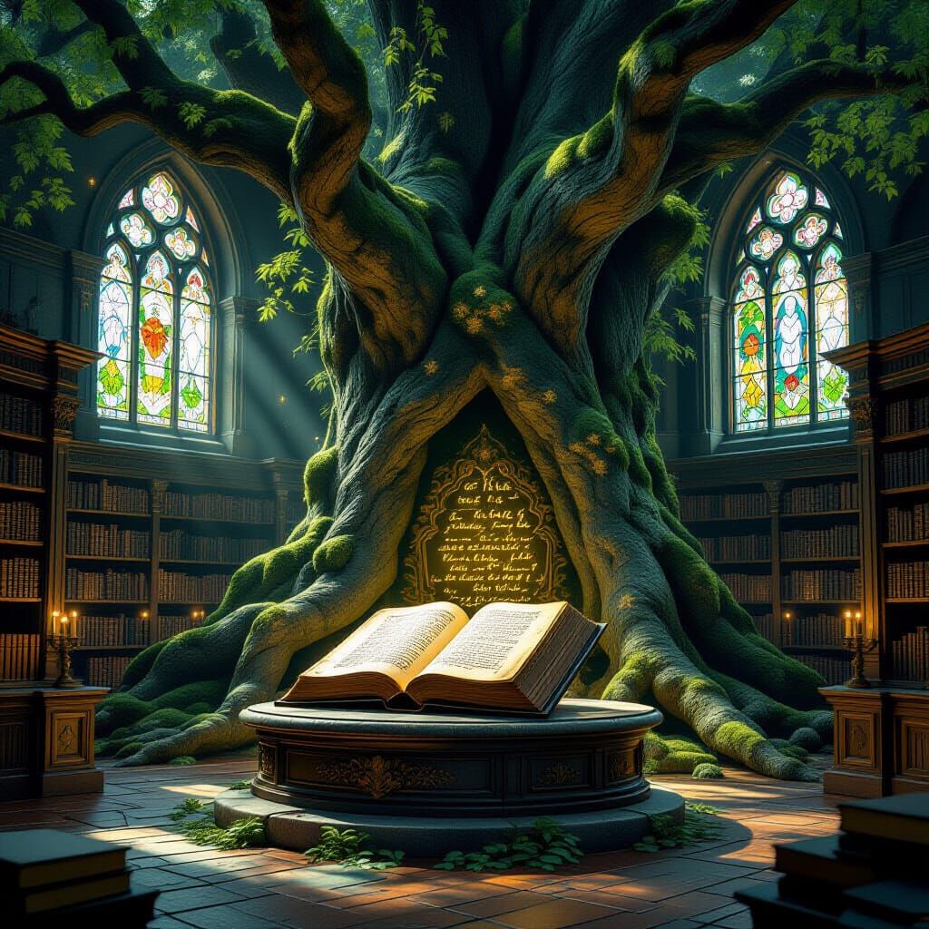 Ancient Tree Library with Ethereal Light